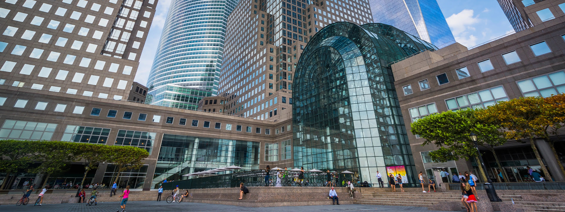 Looking up at the buildings in Battery Park City, NY